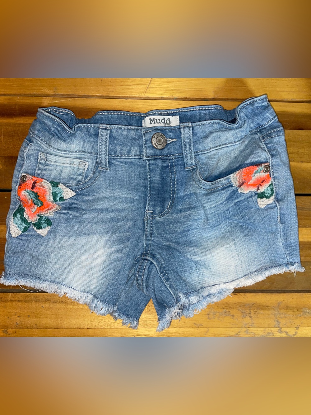 Mudd Embroidered and Frayed Light Blue Denim Shorts